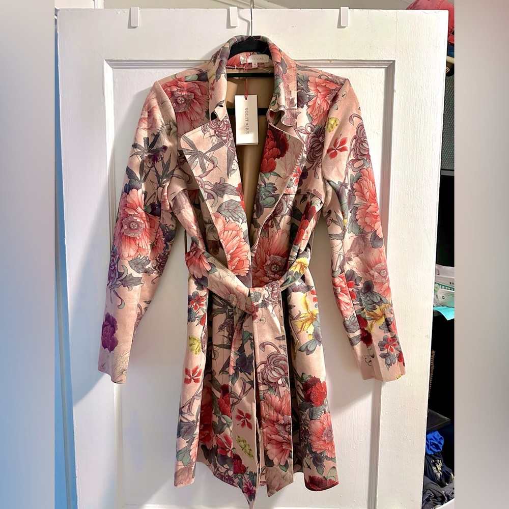 Anthropology Solitaire Floral Faux Suede Trench Coat NWT